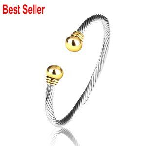 Twisted Cable Wire Cuff Bangle Bracelet with Rhinestone Detailing